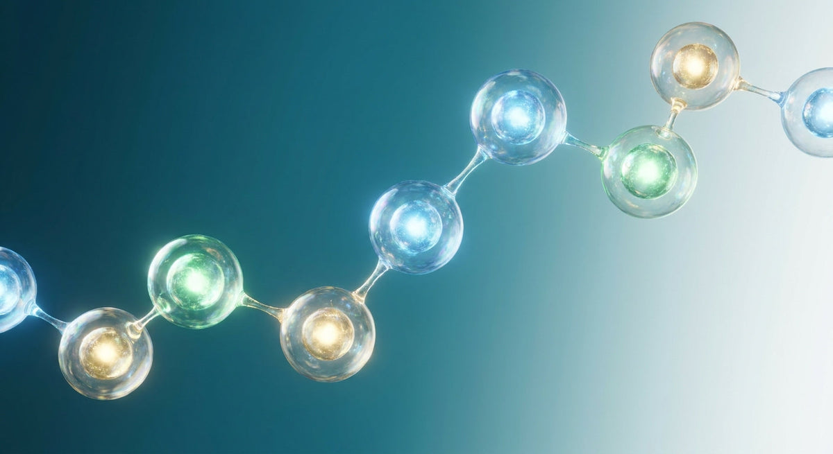 Close-up of glowing translucent molecular chain structures against a clean teal and white gradient background, symbolizing the unique science of prebiotic compounds.