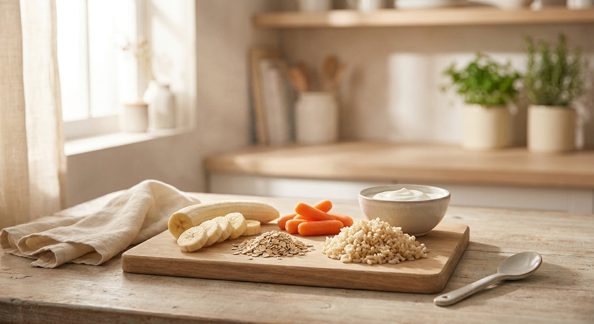 A clean, warmly lit kitchen scene with gut-friendly whole foods including bananas, oats, carrots, cooked rice, and yogurt arranged on a wooden cutting board.